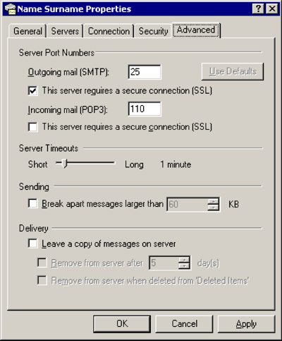 आउटलुक एक्सप्रेस - इंटरनेट खाते - मेल - प्रॉपर्टीज़ - एडवांस्ड