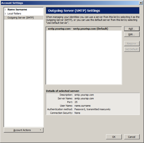 थंडरबर्ड - आउटगोइंग सर्वर - जोड़ें
