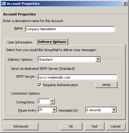ग्रुपमेल - खाता प्रॉपर्टीज़ - डिलीवरी विकल्प