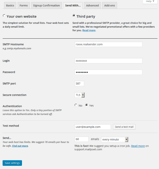 मेलपोएट - सेटिंग्स - इसके साथ भेजें