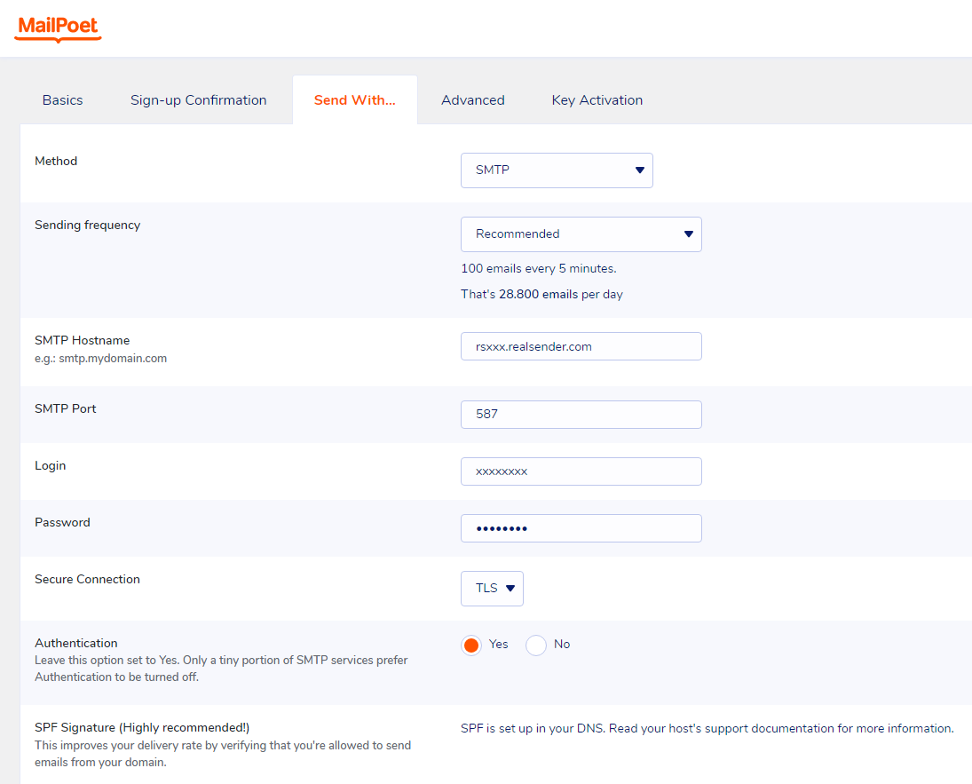मेलपोएट - सेटिंग्स - इसके साथ भेजें - एसएमटीपी